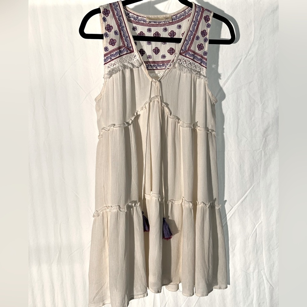 Magnolia Safe Boho style cream dress with purple details.  Size M